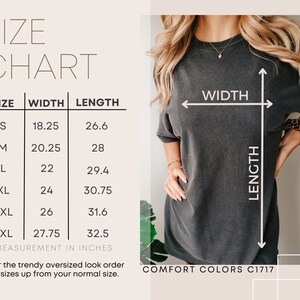 May include: Size chart for a t-shirt with measurements in inches. The chart shows the width and length of the shirt in sizes S, M, L, XL, 2XL, and 3XL. The text "COMFORT COLORS C1717" is at the bottom of the chart.