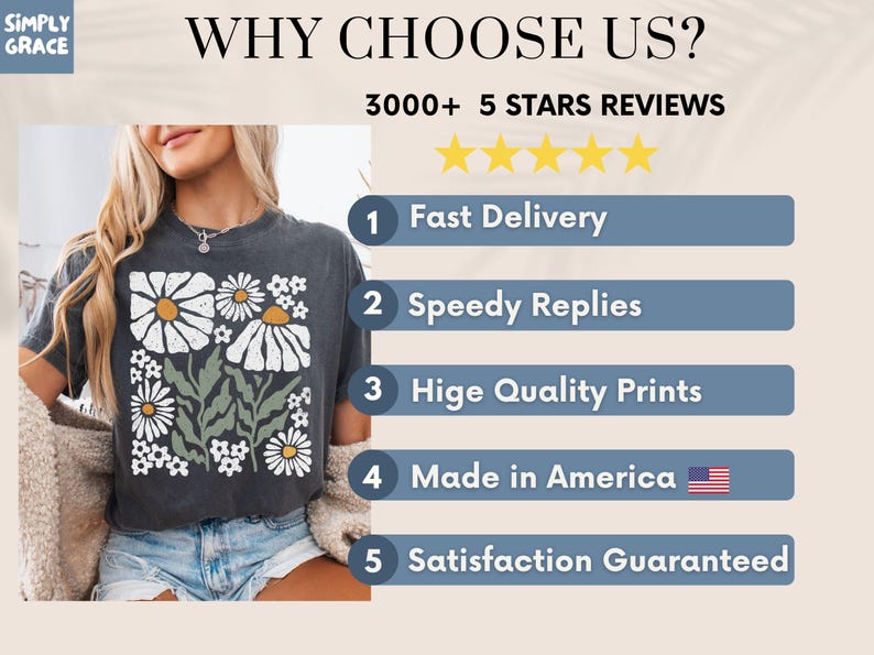 May include: A dark gray t-shirt with a daisy floral design. The image also includes text that reads "WHY CHOOSE US?" and lists benefits such as fast delivery and high-quality prints. The text also mentions "Made in America".