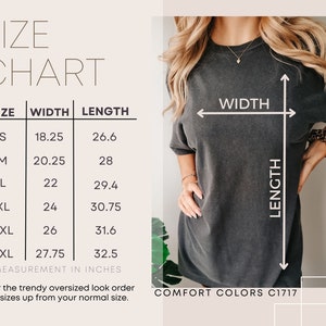 Puede incluir: Tabla de tallas para una camiseta con medidas en pulgadas. La tabla muestra el ancho y la longitud de la camiseta en las tallas S, M, L, XL, 2XL y 3XL. El texto "COMFORT COLORS C1717" est&aacute; en la parte inferior de la tabla.