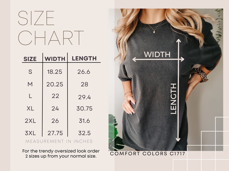 Puede incluir: Tabla de tallas para una camiseta con medidas en pulgadas. La tabla muestra el ancho y la longitud de la camiseta en las tallas S, M, L, XL, 2XL y 3XL. El texto "COMFORT COLORS C1717" est&aacute; en la parte inferior de la tabla.