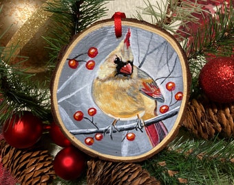 Female Cardinal HANDPAINTED Wood Slice Christmas Ornament