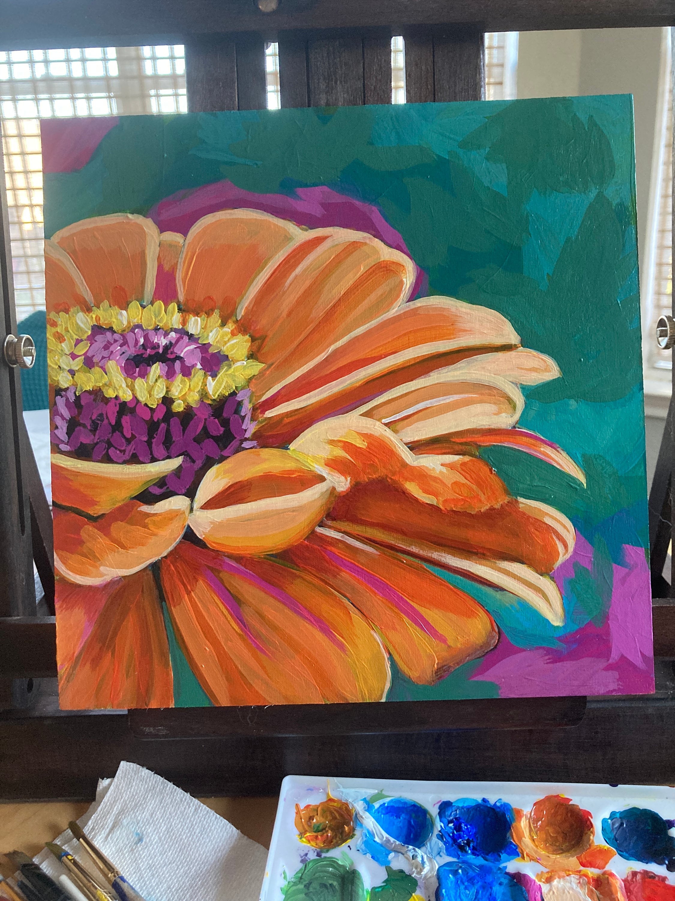 Vibrant Happy Orange ZINNIA Flower Giclee ART PRINT of Hand
