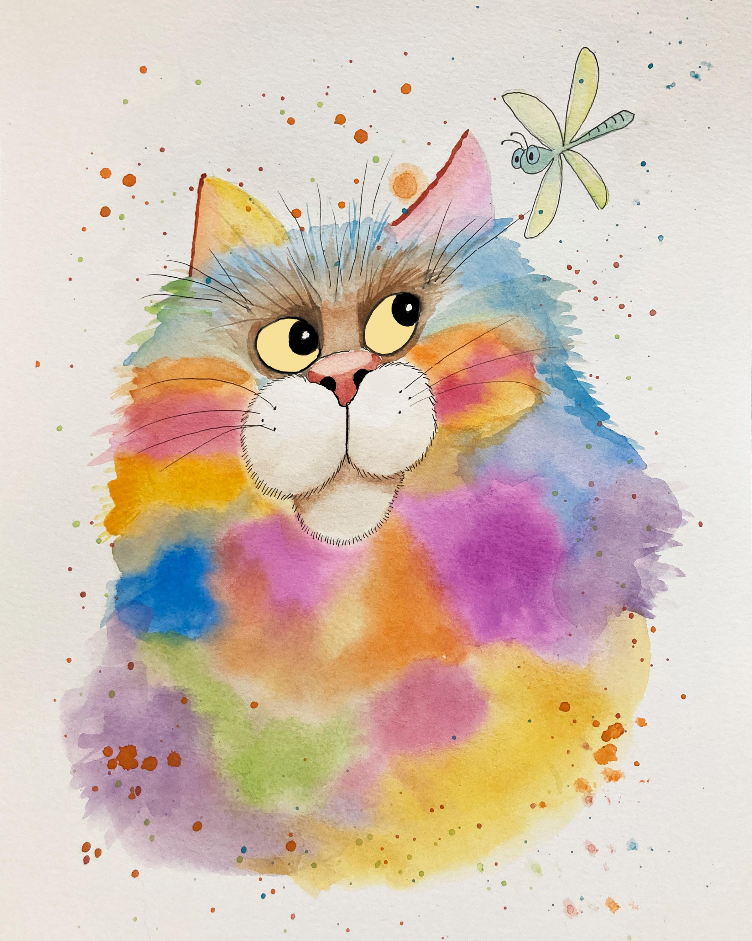 Giclee Art Print of Original Watercolor Painting "fat Kat & Dragonfly ...