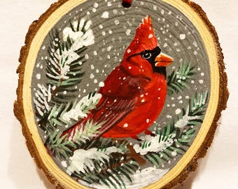 Sitting Cardinal Bird Snow HANDPAINTED Wood Slice Christmas Ornaments