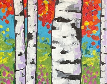 May include: A painting of a birch tree forest with a blue sky and pink flowers in the foreground. The trees are painted in a white and black pattern with a textured brushstroke. The sky is a bright blue with a few white clouds. The flowers are a bright pink and are clustered together in the lower part of the painting.