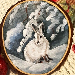 Showshoe Bunny Rabbit HANDPAINTED Wood Slice Christmas Ornament