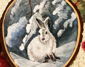 Showshoe Bunny Rabbit HANDPAINTED Wood Slice Christmas Ornament