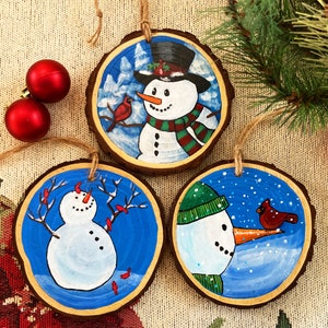 Snowman Cardinal HANDPAINTED Wood Slice FEATHERED FRIENDS - Etsy