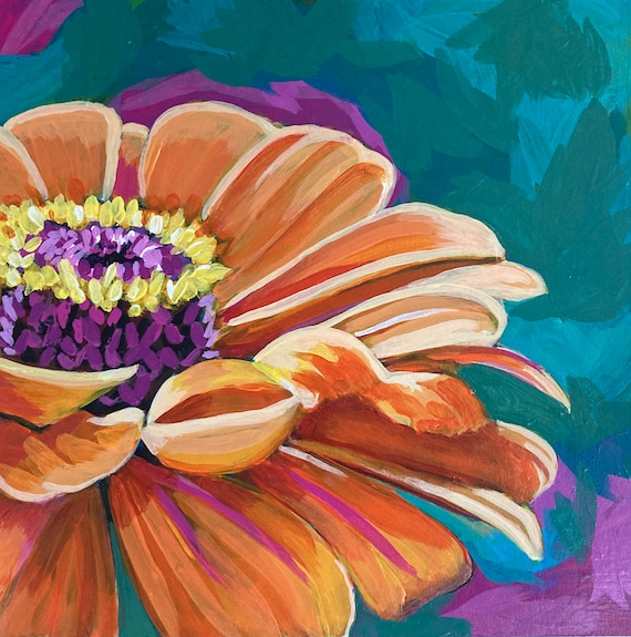Giclee ART PRINT of Hand-painted Acrylic Painting Orange ZINNIA