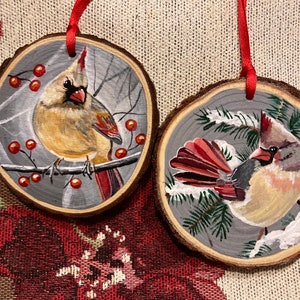 Female Cardinal HANDPAINTED Wood Slice Christmas Ornament