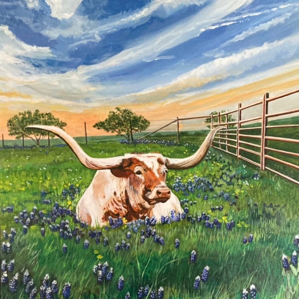 Giclee Art Print of Hand-painted Acrylic Painting "Longhorn in Bluebonnets"