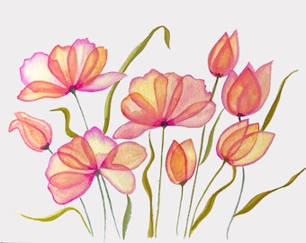 Dancing Flowers, Giclee Art Print of Original Watercolor Painting