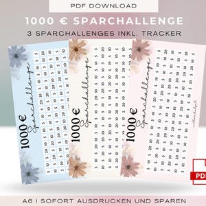 Könnte beinhalten: Drei druckbare Spar-Tracker mit floralen Akzenten in Blau, Beige und Rosa. Jeder Tracker ist mit "1000 € Sparchallenge" beschriftet und hat ein Raster zur Verfolgung des Sparens. Der Text "PDF DOWNLOAD" steht oben.