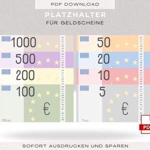 Puede incluir: Una descarga digital en PDF con portabilletes de euros imprimibles. El diseño incluye denominaciones de 1000, 500, 200, 100, 50, 20, 10 y 5 euros, con el símbolo del euro y acentos de estrellas. El texto incluye "PDF Download" y "Imprime y ahorra ahora."