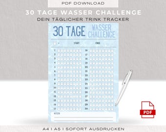 30-Day Water Challenge PDF | Drinking Plan and Tracker | Water Reminder | A4 & A5 Printable Template | Self-Care and Health