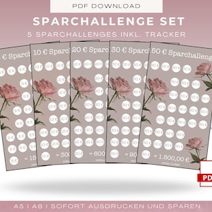 Puede incluir: Un conjunto de cinco rastreadores imprimibles de desafíos de ahorro. Cada tarjeta presenta un diseño floral con una rosa rosa y una serie de círculos para rastrear los objetivos de ahorro. Las tarjetas están etiquetadas con cantidades de 5 a 50 euros.