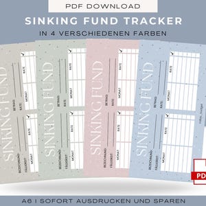 May include: Four printable A6 sinking fund trackers in different colors: green, pink, blue, and gray. Each tracker has a section for item name, due date, month, amount, and rate. The text "Sinking Fund Tracker" is at the top of the page, and the text "A6 I Sofort Ausdrucken Und Sparen" is at the bottom of the page.