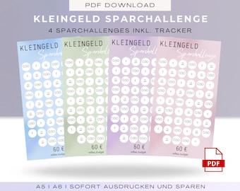 May include: Four printable charts for a coin saving challenge. Each chart has a blue, green, pink or purple gradient background with white circles for recording coins. The text "KLEINGELD SPARCHALLENGE" is at the top of the chart. The text "4 SPARCHALLENGES INKL. TRACKER" is below the title. The text "60 €" is at the bottom of each chart.