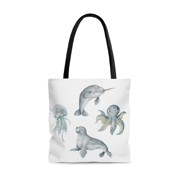 Schattige zeedieren tote tas, duurzame supermarkt tas, boek tote, bibliotheek tote, baby tote, kind tote,