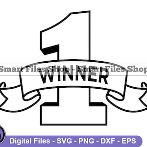 以下が含まれることがあります： 「WINNER」と書かれたバナーが付いた、黒と白の線画の数字1のイラストです。