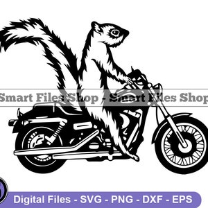 May include: A black and white illustration of a squirrel riding a motorcycle. The squirrel is wearing a helmet and goggles. The motorcycle has a large front wheel and a smaller back wheel.