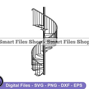 Puede incluir: Ilustración en blanco y negro de una escalera de caracol. La escalera tiene una columna de soporte central y una barandilla. Incluye el texto "Smart Files Shop" y "Digital Files - SVG - PNG - DXX - EPS".