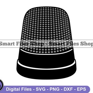 May include: Black and white silhouette of a thimble with a textured top.