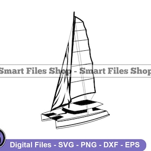 May include: A black and white line drawing of a sailboat with a single sail. The sailboat is a catamaran with two hulls.