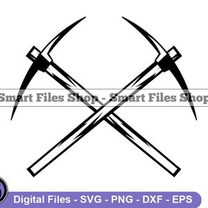 May include: Black and white silhouette of two crossed pickaxes. The pickaxes are in an X shape.