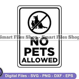 May include: Black and white sign with a red circle and diagonal line through it. The circle contains a silhouette of three dogs. The sign reads "NO PETS ALLOWED".