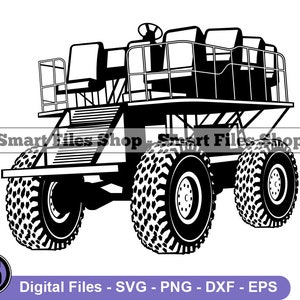 May include: Black and white line art illustration of a safari vehicle with four large wheels and a bench seat in the back. The vehicle is designed for off-road travel.