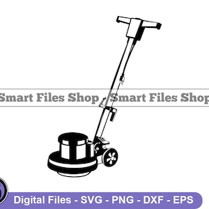 Op de afbeelding: Zwart-wit illustratie van een vloerpoetsmachine. De poetsmachine heeft een cirkelvormige basis, een lange handgreep en twee kleine wielen. De tekst "Smart Files Shop" wordt boven de poetsmachine weergegeven. Daaronder staat "Digital Files - SVG - PNG - DXF - EPS".