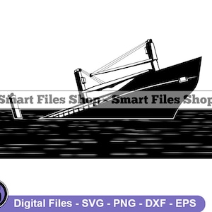 Könnte beinhalten: Schwarz-Weiß-Illustration eines Schiffs auf See, teilweise untergetaucht. Das Bild enthält den Text "Smart Files Shop" und "Digital Files - SVG - PNG - DXF - EPS". Das Schiff ist geneigt.