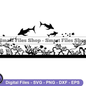 Könnte beinhalten: Schwarze und weiße Silhouette eines Hais, der über einem Korallenriff mit kleineren Fischen schwimmt. Der Text "Smart Files Shop" befindet sich oben im Bild.