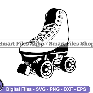 May include: Black and white illustration of a roller skate with four wheels. The skate has a lace-up boot and a thick sole.