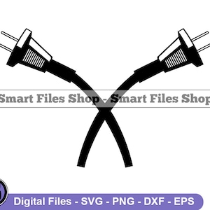 May include: A black and white silhouette of two electrical plugs with cords crossing each other. The plugs are facing opposite directions.