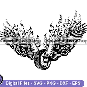 Neumático en llamas con alas svg, neumático de coche svg, logotipo de neumático svg, tienda de neumáticos svg, neumático dxf, neumático png, clipart de neumáticos, archivos de neumáticos, neumáticos eps