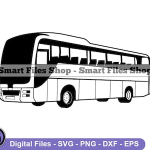 May include: Black and white line art illustration of a bus. The bus has a large windshield, a door on the right side, and a luggage compartment in the back. The bus is on a white background.