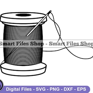 Puede incluir: Un dibujo en blanco y negro de un carrete de hilo con una aguja enhebrada. El hilo está enrollado alrededor del carrete y la aguja sobresale de la parte superior.