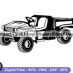 May include: Black and white silhouette of a utility vehicle with a dump bed. The vehicle has four wheels and a large front grill.
