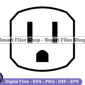 May include: Black and white outline of a standard US electrical outlet with two slots and a ground prong.