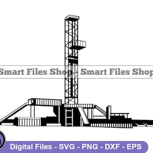 May include: Black and white silhouette of an oil rig drilling platform. The rig is made up of a tall tower with a platform at the top and a series of smaller platforms and structures below. The rig is set against a white background.