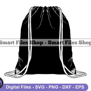 以下が含まれることがあります： 絞り紐付きのバッグの白黒シルエット。バッグの上部は絞られており、2本の長い紐が付いています。