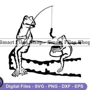May include: Black and white line art illustration of two frogs fishing. The larger frog is holding a fishing rod and the smaller frog is holding a bucket. The frogs are sitting on a log.