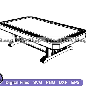 May include: Black and white line art illustration of a pool table with a rectangular playing surface and a set of legs. The table is angled from a top-down perspective.
