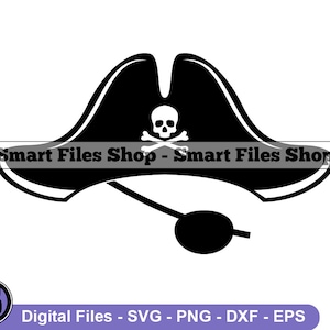 May include: Black and white silhouette of a pirate hat with a skull and crossbones design. The hat has a brim and a pointed top. There is a black eyepatch attached to the hat.