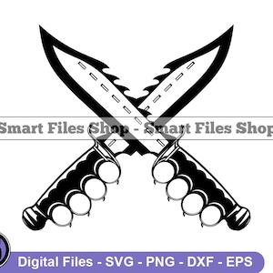 May include: Black and white illustration of two crossed knives with knuckle dusters. The knives have serrated blades and are crossed at the handles.