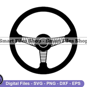 Pode incluir: Silhueta preta e branca de um volante com um design de três raios.