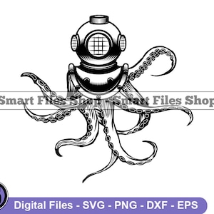 May include: Black and white illustration of an octopus with a diving helmet on its head. The octopus has eight tentacles and the diving helmet has a round window.