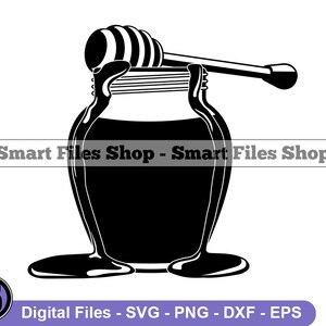 May include: Black and white silhouette of a honey jar with a honey dipper on top. The honey jar is dripping honey.